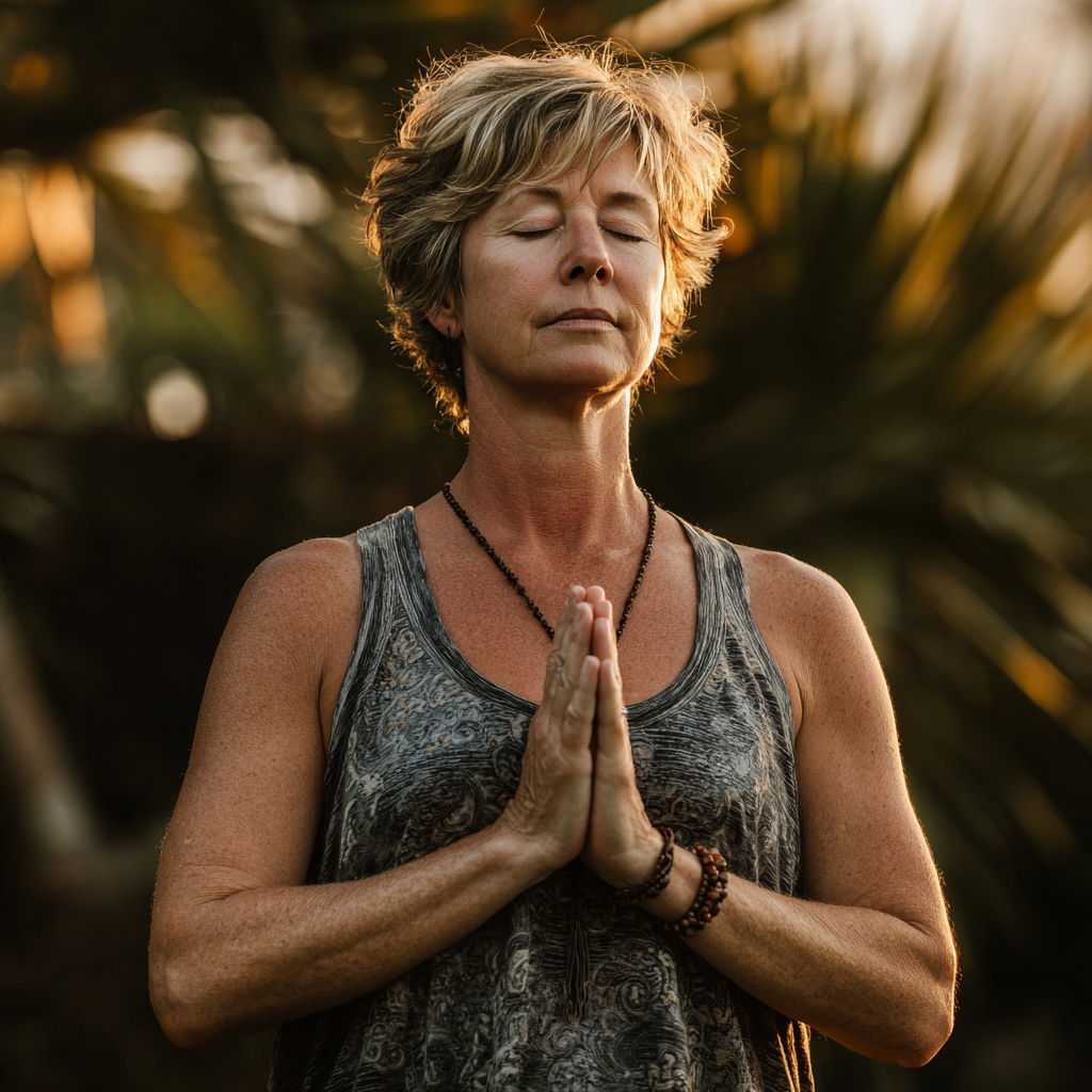 Жінка віком 55 років займається йогою на природі, виглядає здоровою та енергійною