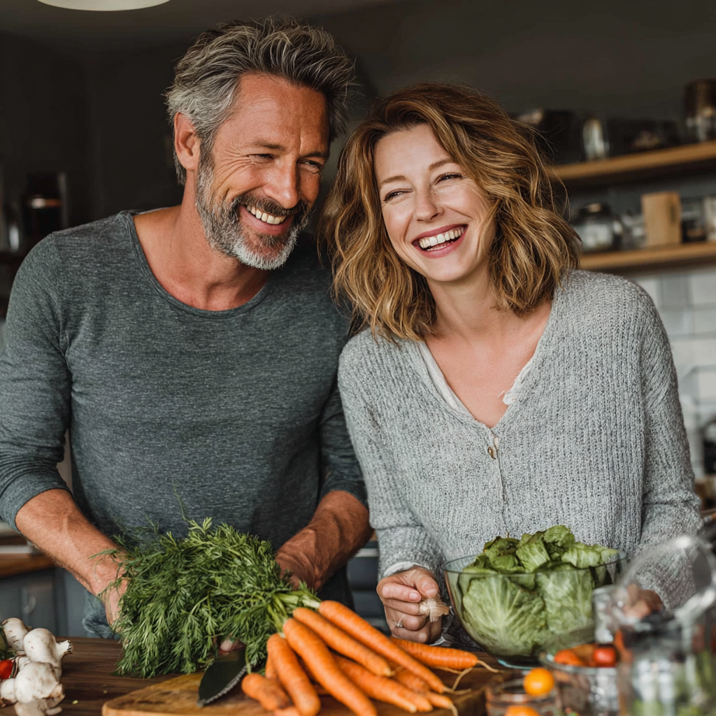 Чоловік та жінка віком 50-60 років готують здорову їжу разом на кухні, посміхаються та тримають свіжі овочі