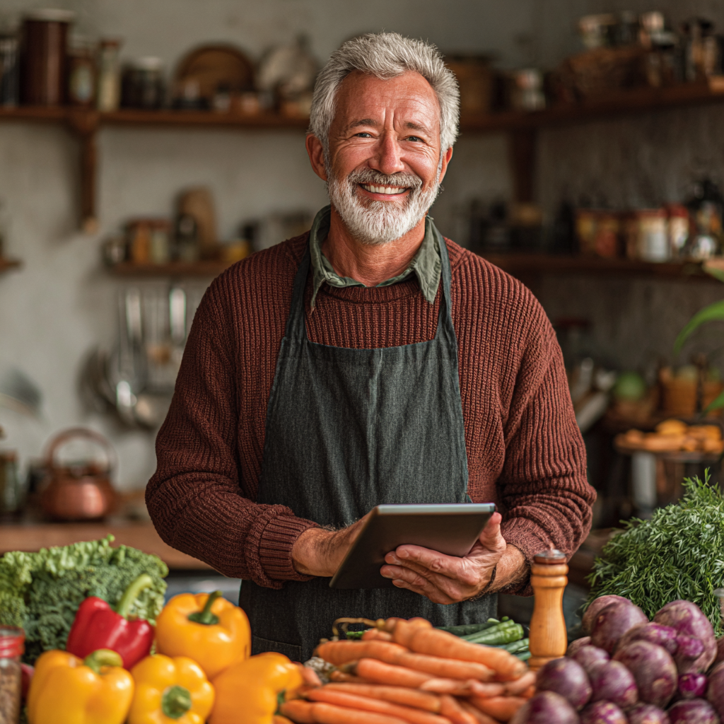 Чоловік віком 60 років готує здорову їжу на кухні, посміхається та тримає планшет з додатком torvenash